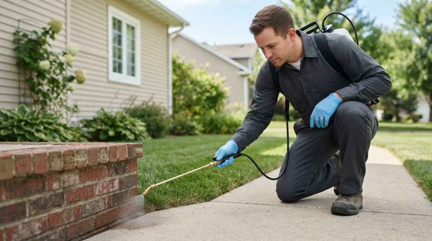 Pest control technician treating a home near Mukwonago, WI
