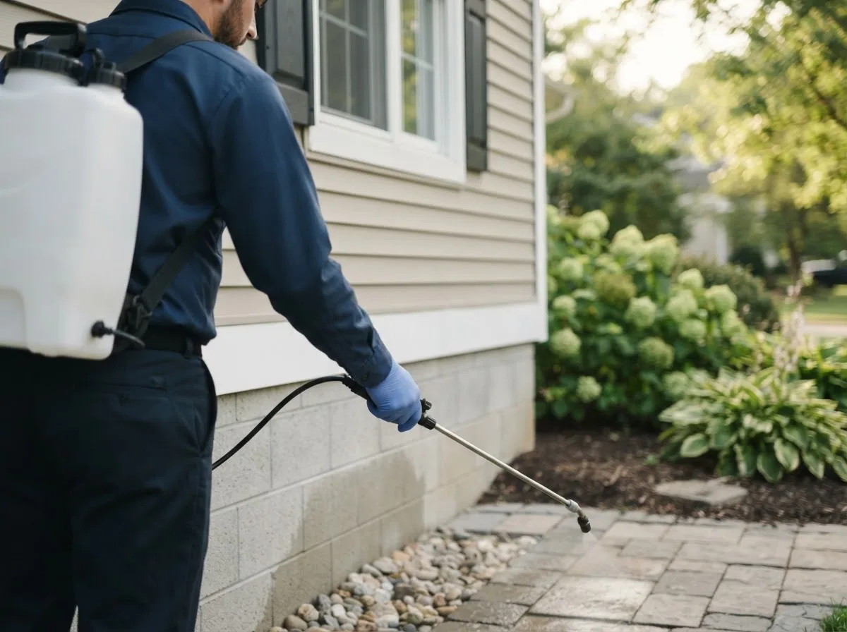 Pest control technician inspecting a home in Mukwonago, WI